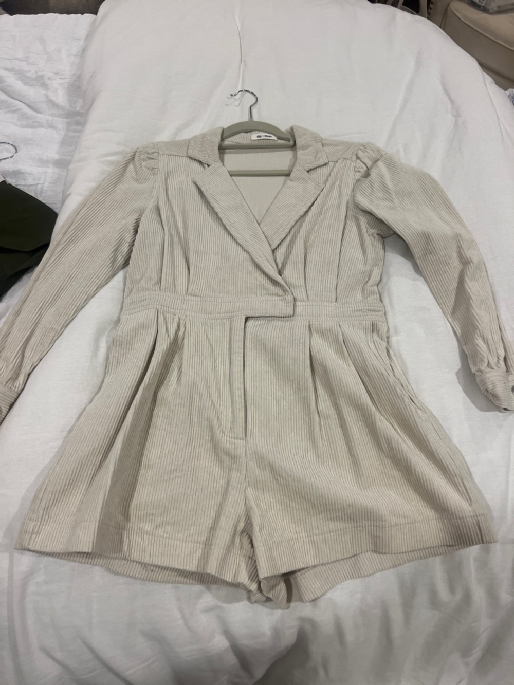 Day + Moon 
Beige Corduroy Romper with Blazer Collar